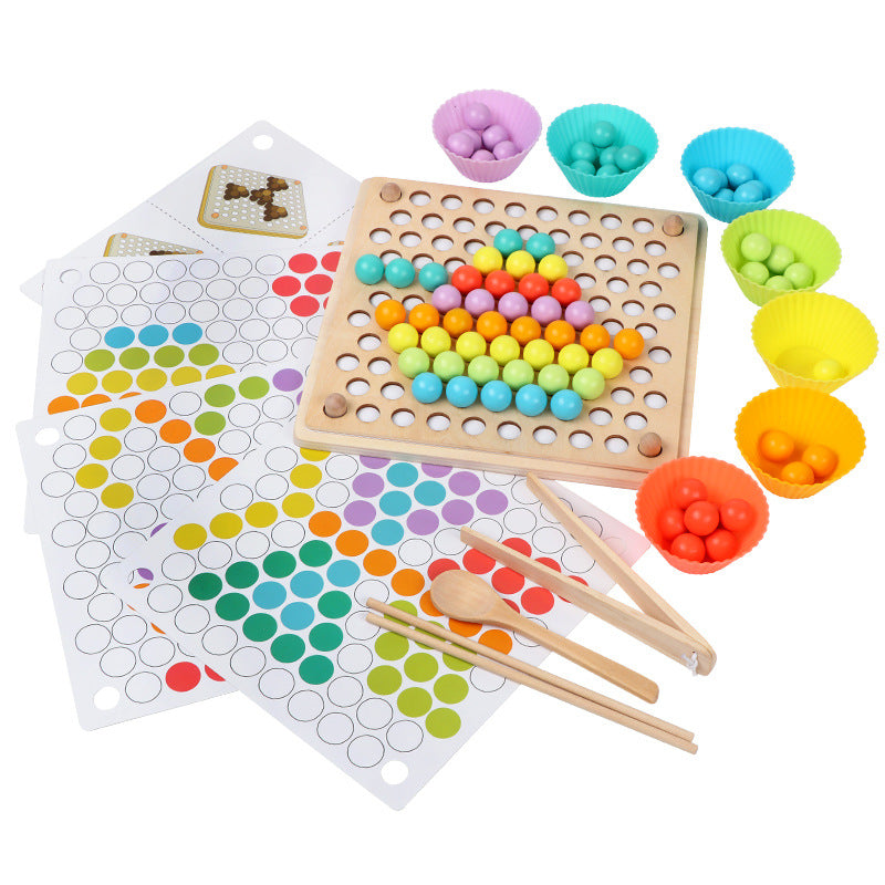 Montessori Wooden Peg Board & Beads Game – Rainbow Pompon Clip Puzzle for Toddlers