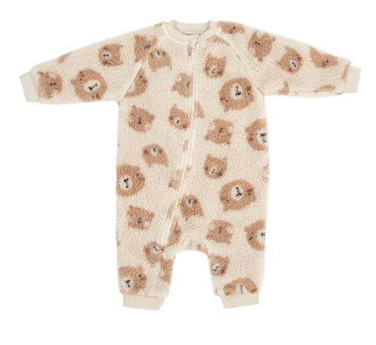 Teddy Fleece Zipper Sleepsuit – Beige Bear Faces