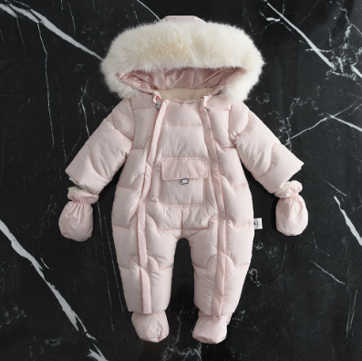 Winter Baby Hoodie Jumpsuit – Fur Collar & Large Pocket (European-American Style)