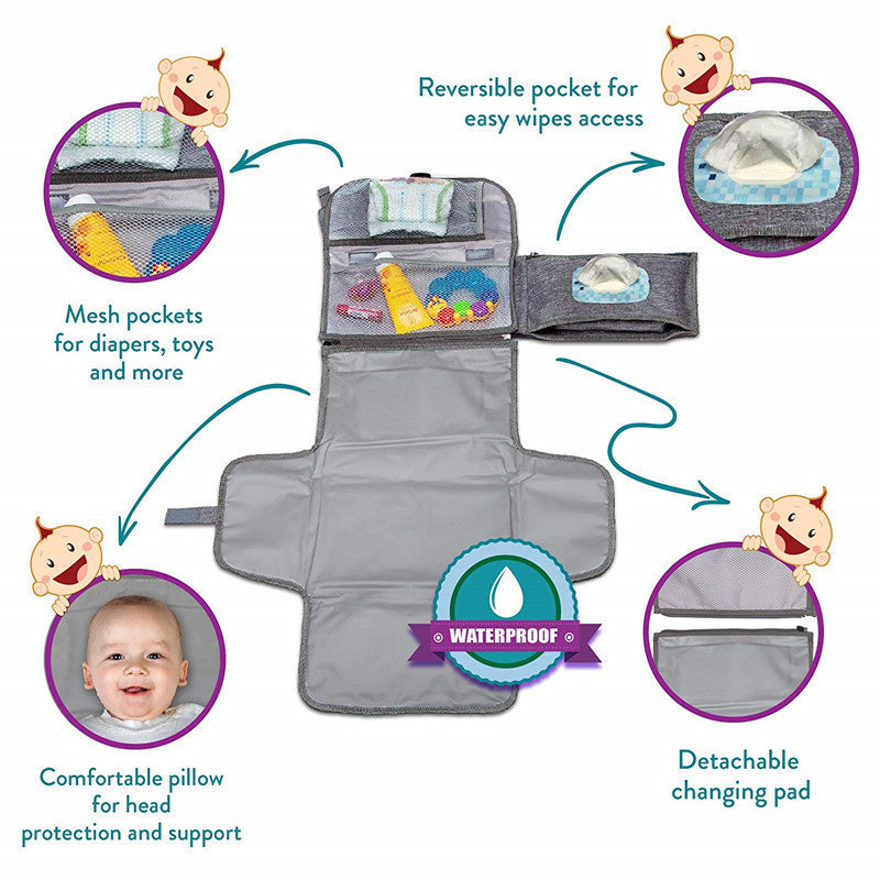 Portable Diaper Changing Pad – Waterproof Travel Changing Kit with Smart Wipes Pocket