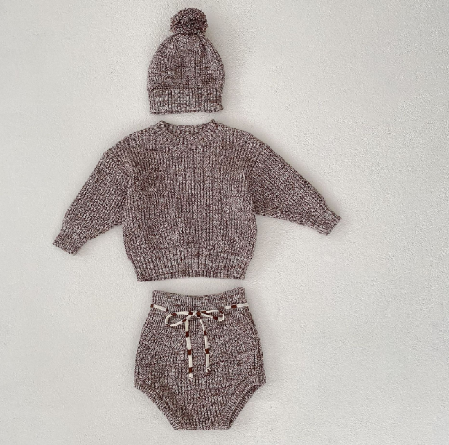 Autumn Outfit – Mixed Color Coarse Knit Pullover + Pants + Knitted Hat for Infant & Toddler Girls (3-Piece Set)
