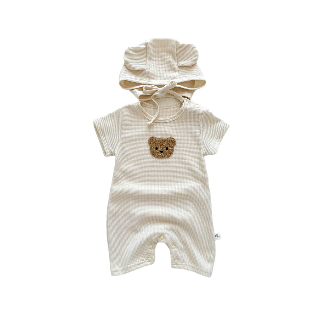 Summer Waffle Baby Romper with Bear Patch – Short Sleeve Cotton Jumpsuit & Ear Hat for Newborns