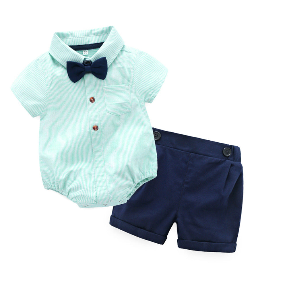 Baby Boys’ Summer Two-Piece Set – Short Sleeve Romper & Khaki Shorts