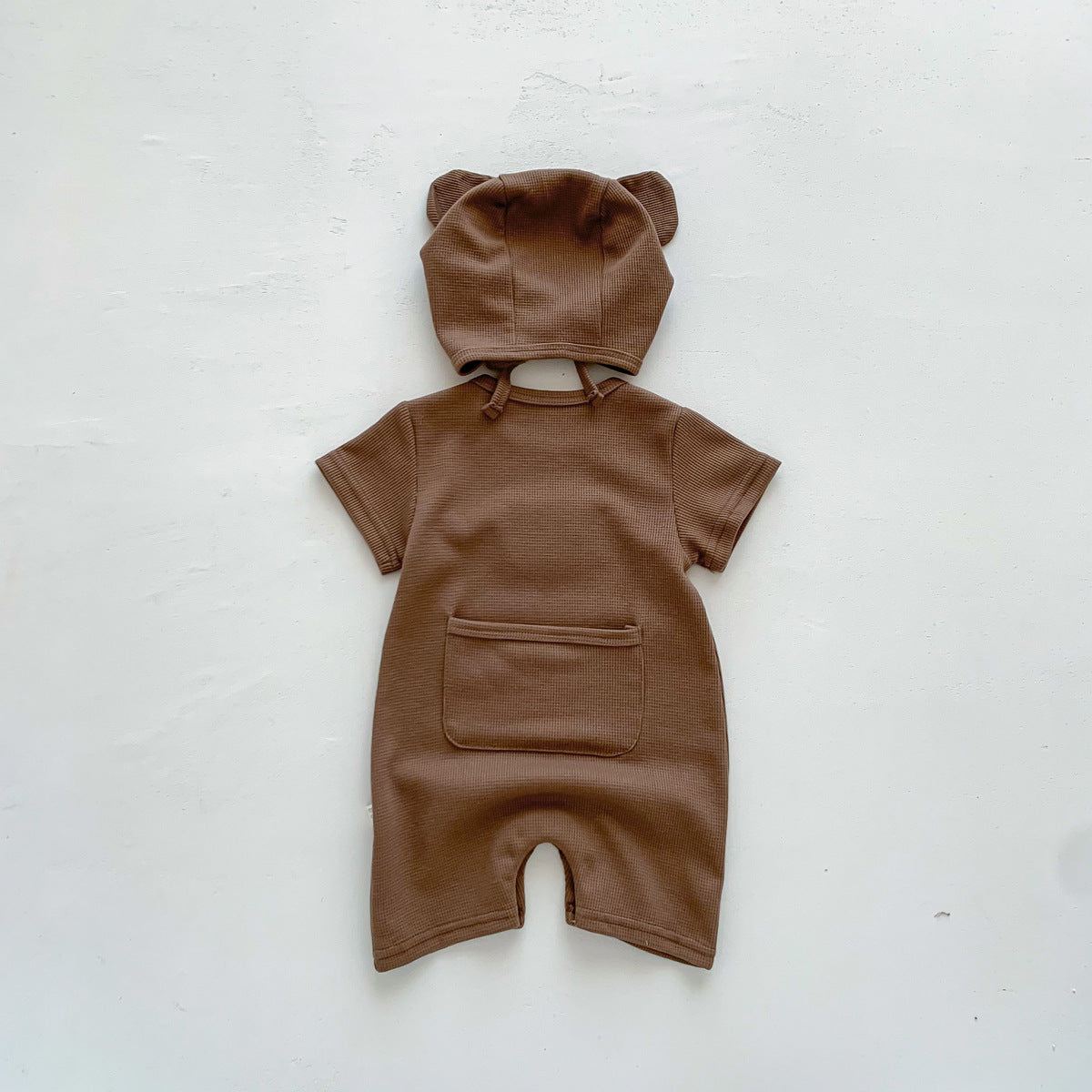 Summer Waffle Baby Romper with Bear Patch – Short Sleeve Cotton Jumpsuit & Ear Hat for Newborns