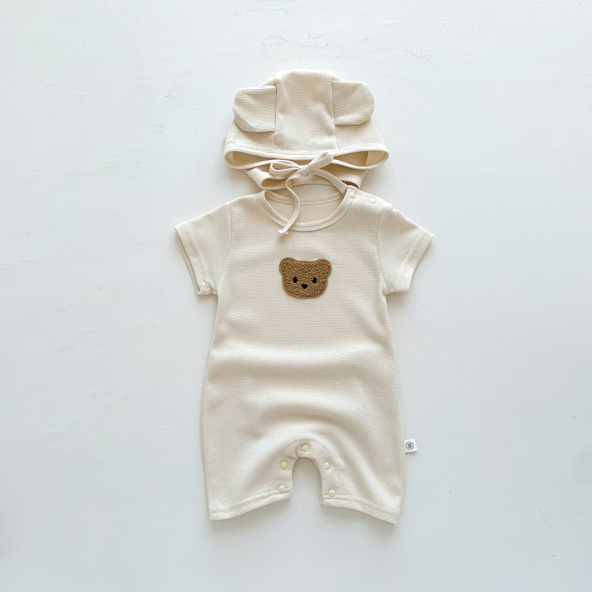 Summer Waffle Baby Romper with Bear Patch – Short Sleeve Cotton Jumpsuit & Ear Hat for Newborns