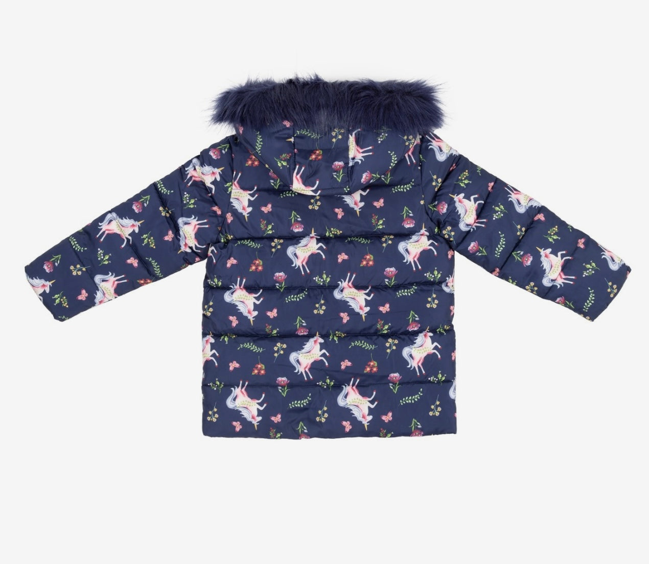 Unicorn Puffer Jacket with Faux Fur Hood (Navy)