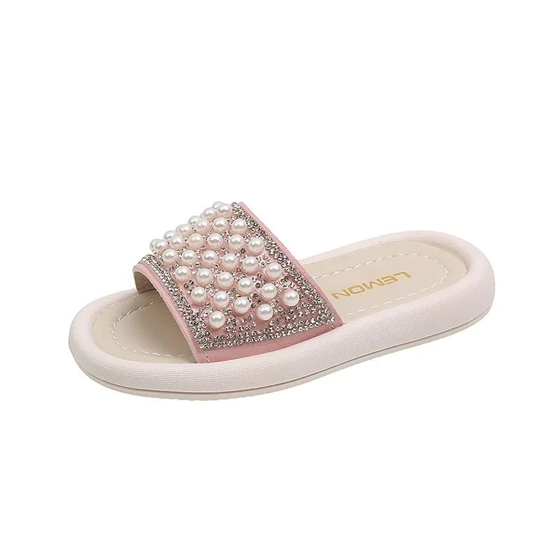 Girls’ Pearl Beaded Summer Sandals – Rhinestone Soft Sole Flats | Elegant Flip-Flops for Kids
