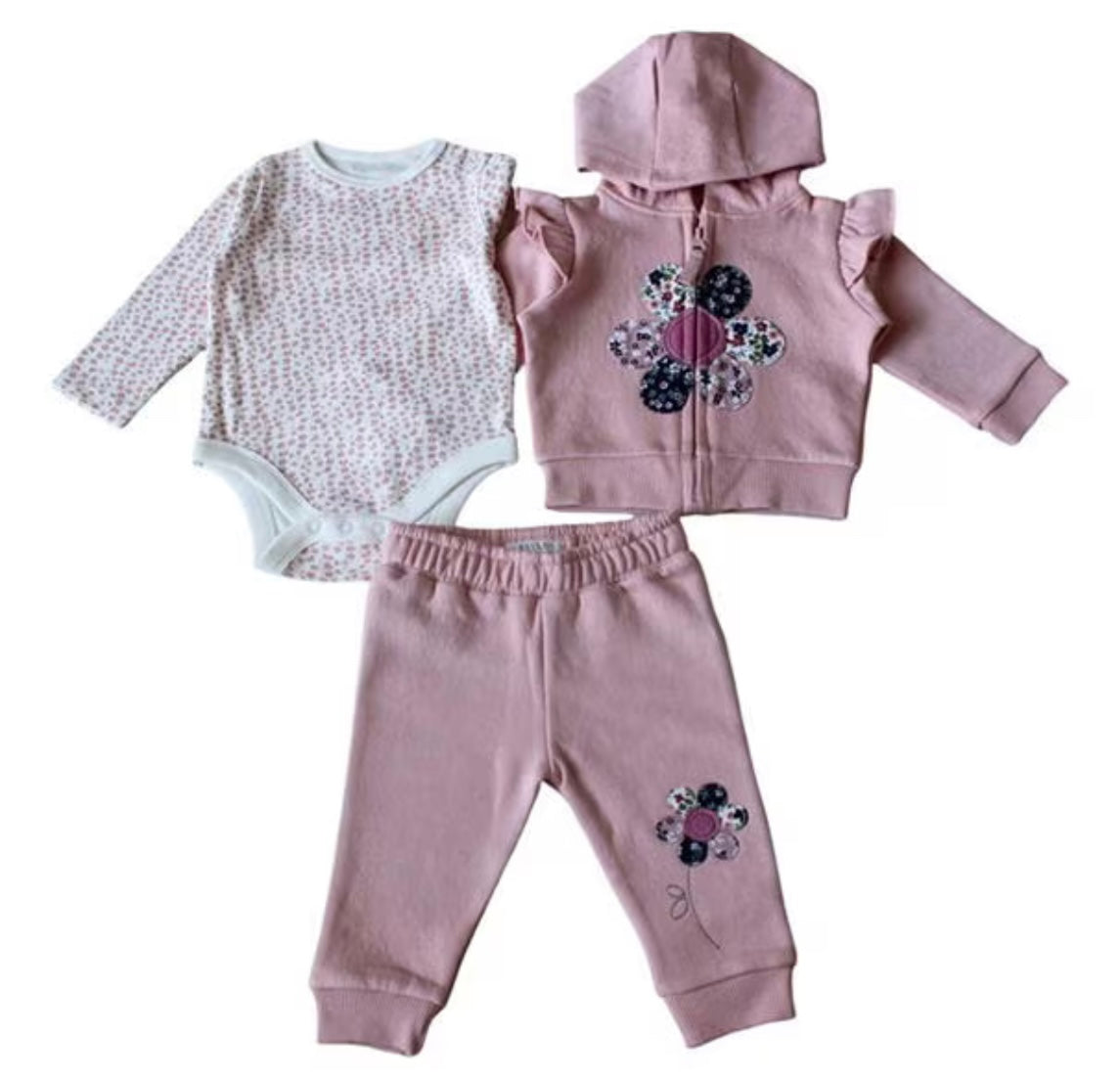 3-Piece Baby Girl Set – Floral Hoodie, Joggers & Bodysuit (Pink)