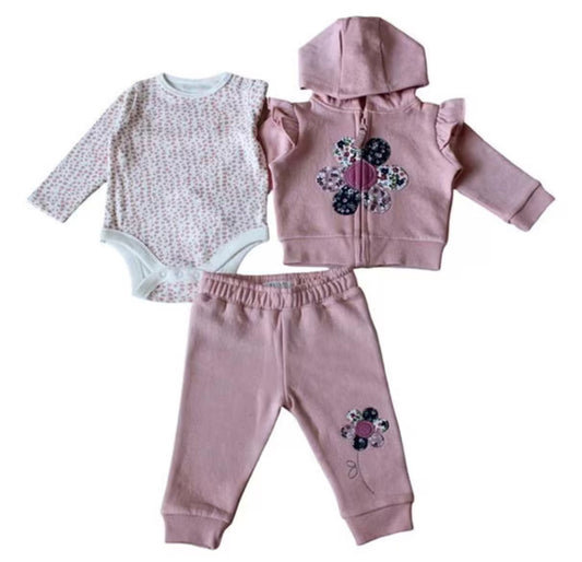 3-Piece Baby Girl Set – Floral Hoodie, Joggers & Bodysuit (Pink)