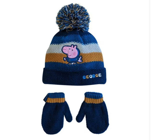 George Winter Hat & Mittens Set – Navy & Mustard