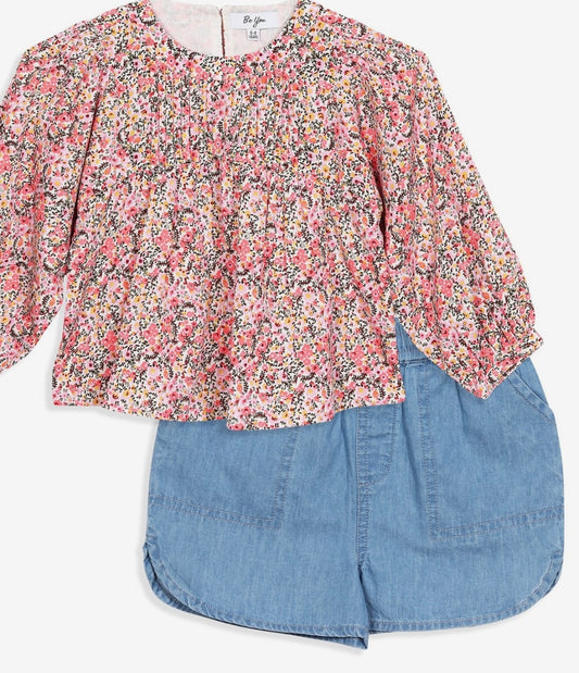 Floral Blouse & Chambray Shorts Set