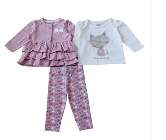 3-Piece Kitty Set – Ruffle Cardigan + Long Sleeve Tee + Leggings