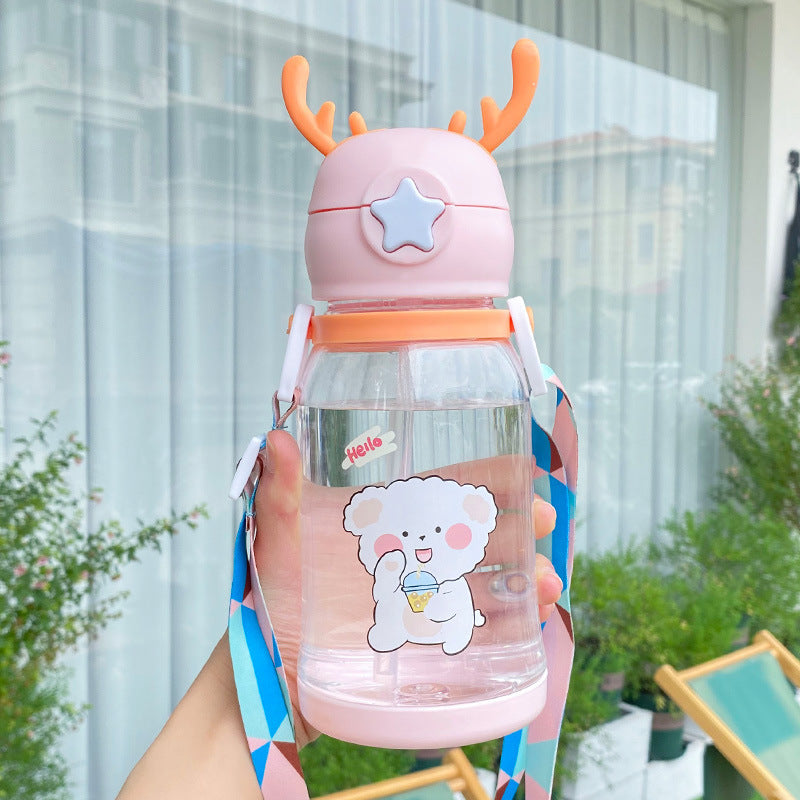 Cartoon Deer Antler Straw Cup – Large Capacity Water Bottle for Kids & Students