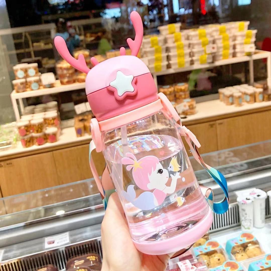 Cute Antler Water Bottle – Leak-Proof Straw Cup with Shoulder Strap