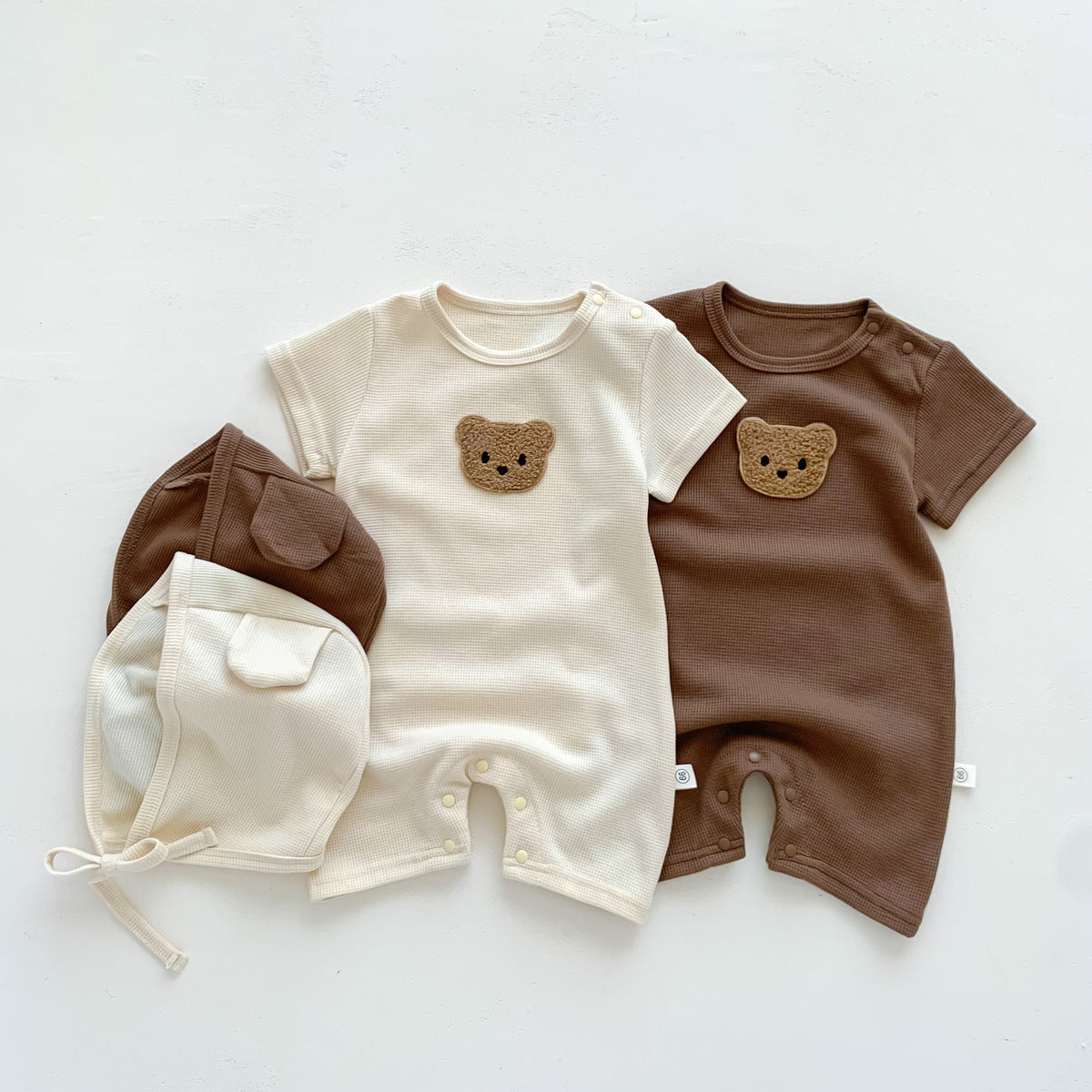 Summer Waffle Baby Romper with Bear Patch – Short Sleeve Cotton Jumpsuit & Ear Hat for Newborns