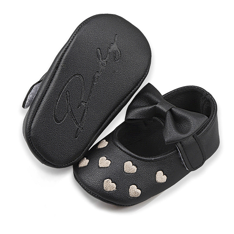 Embroidered Peach Heart Bow Baby Shoes (0–12 Months)