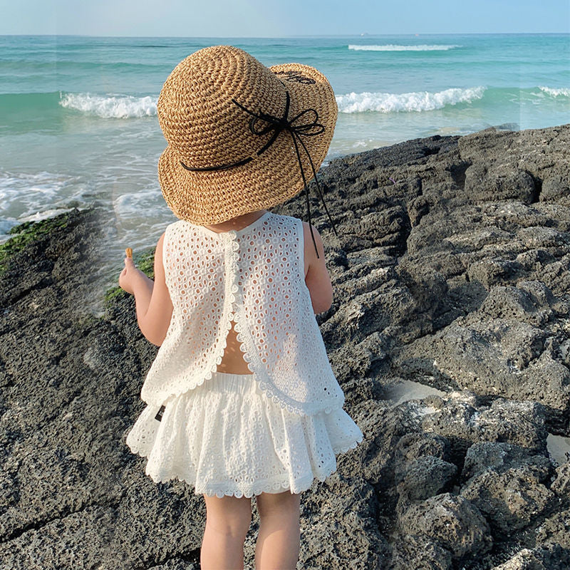 2024 Girls' Clothing Baby Girl Sweet Hollow Cotton Set Summer Girls' Western style Open Back Tank Top Two Piece Set