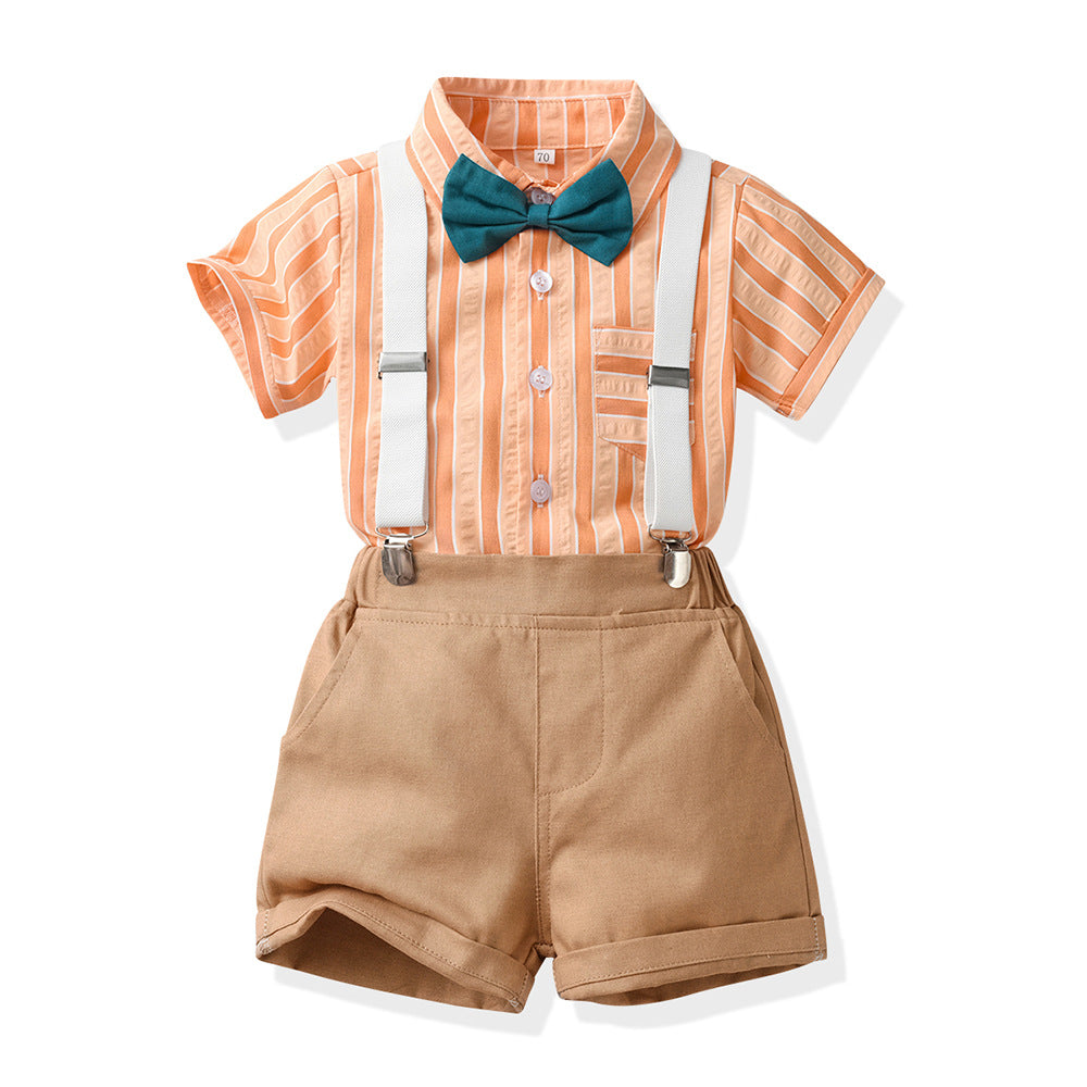 Korean Style Birthday Outfit – Boys’ Short Sleeve Shirt & Strap Pants Summer Set