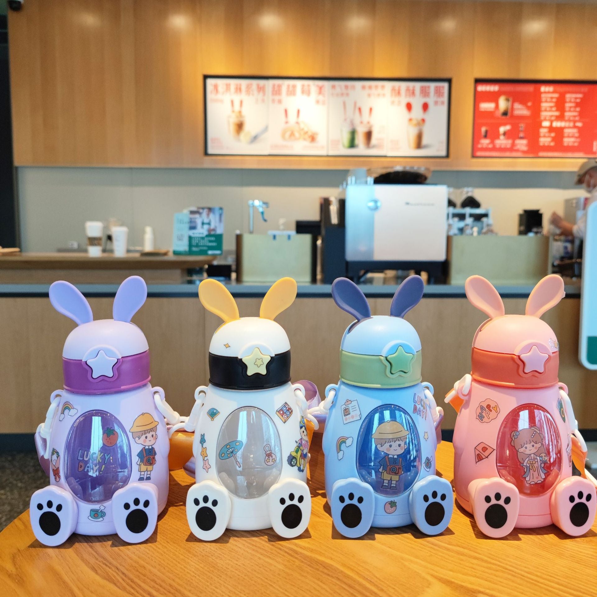 Cute Bunny Water Bottle with Straw – Summer Diagonal Strap Design