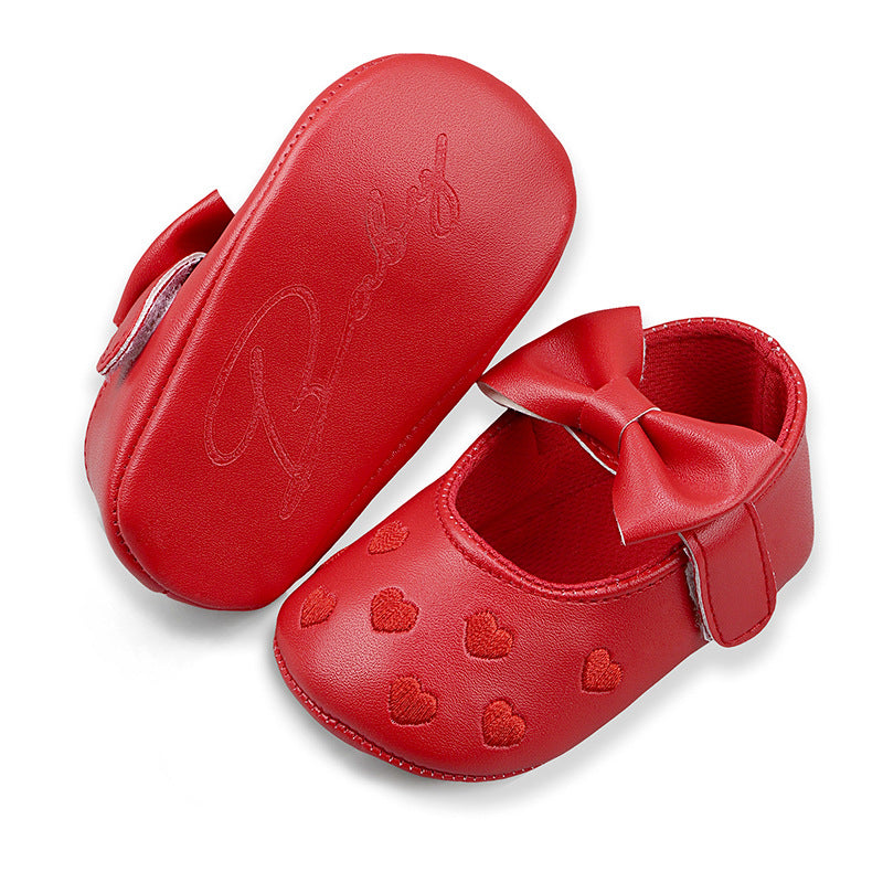 Embroidered Peach Heart Bow Baby Shoes (0–12 Months)