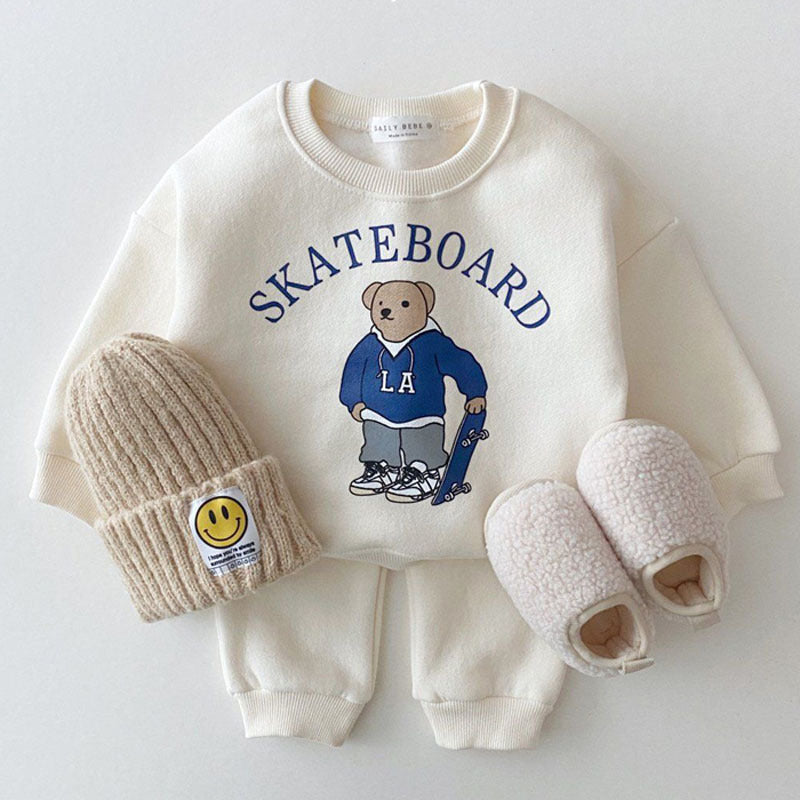 Korean Style Cartoon Hoodie Set – Toddler Boys Casual Outfit | Skateboard & Teddy Print