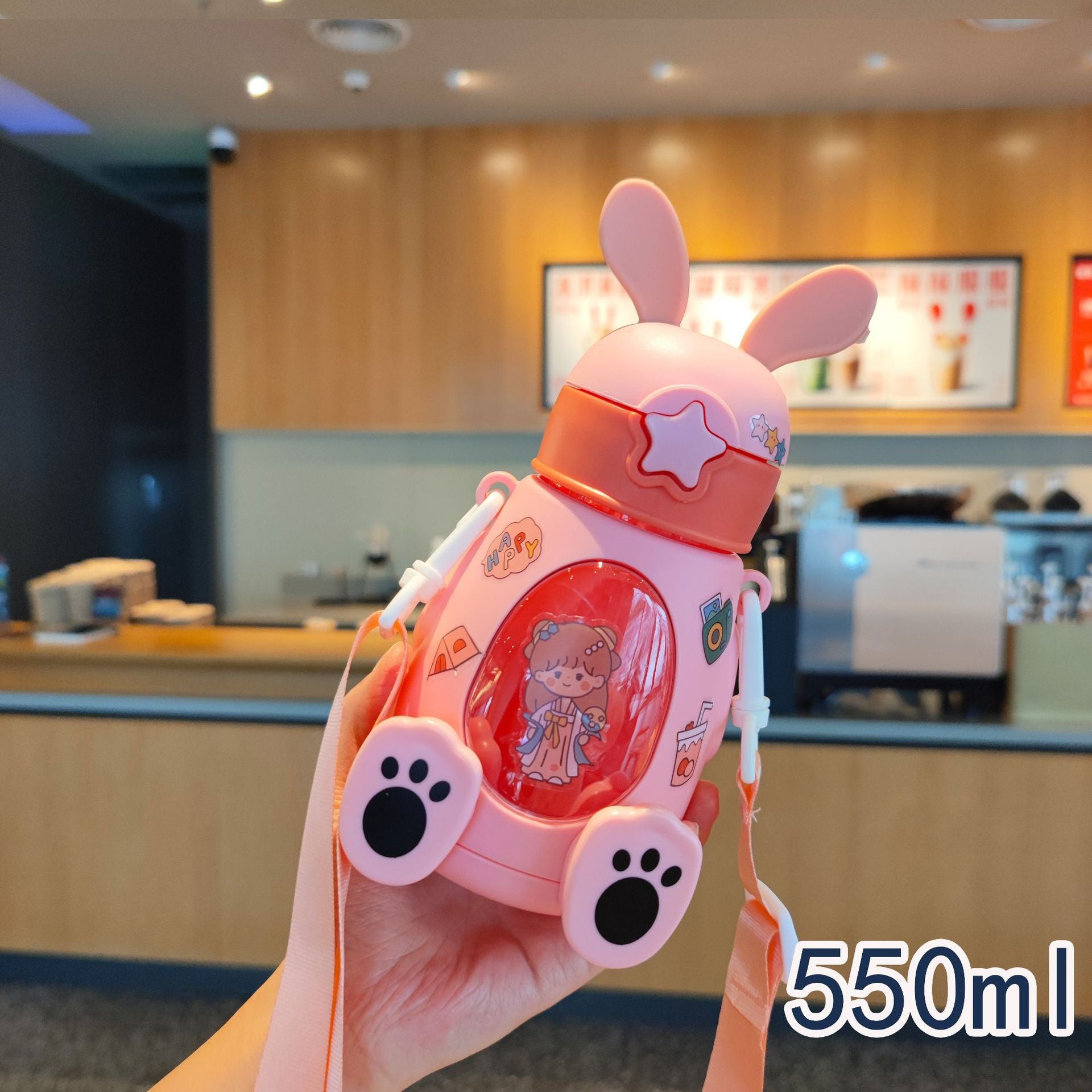 Cute Bunny Water Bottle with Straw – Summer Diagonal Strap Design