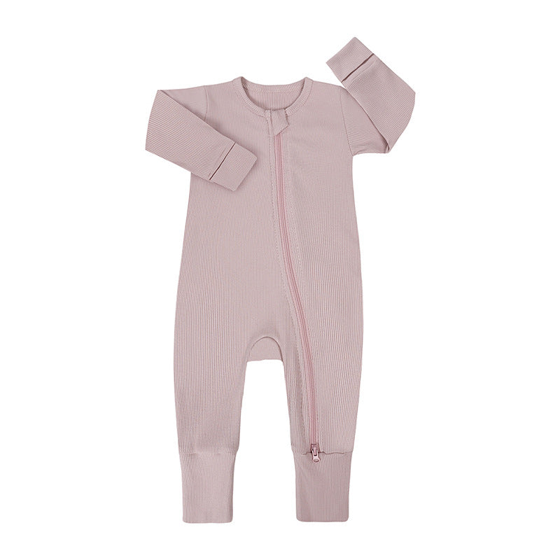 Bamboo Fiber Baby Onesie – Long Sleeve, Double Zipper, Fold-over Hands & Feet (All Seasons)