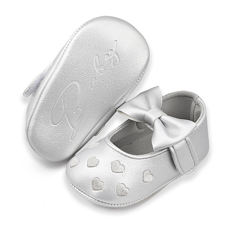 Embroidered Peach Heart Bow Baby Shoes (0–12 Months)