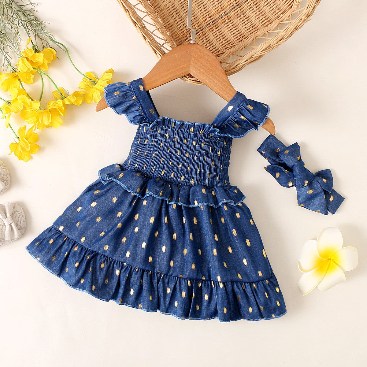 Golden Dot Blue Princess Dress – 2-Piece Set