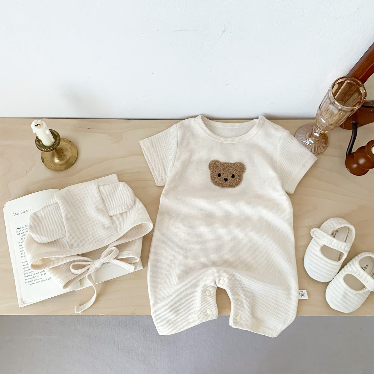 Summer Waffle Baby Romper with Bear Patch – Short Sleeve Cotton Jumpsuit & Ear Hat for Newborns