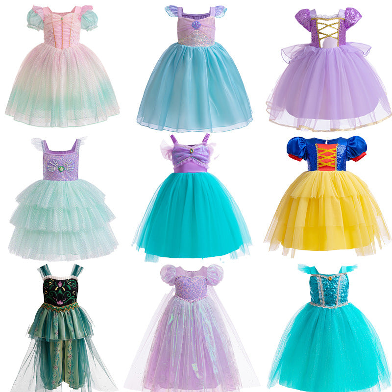 Elsa-Inspired Gradient Princess Dress – Layered Tulle Cake Dress with Bubble Sleeves