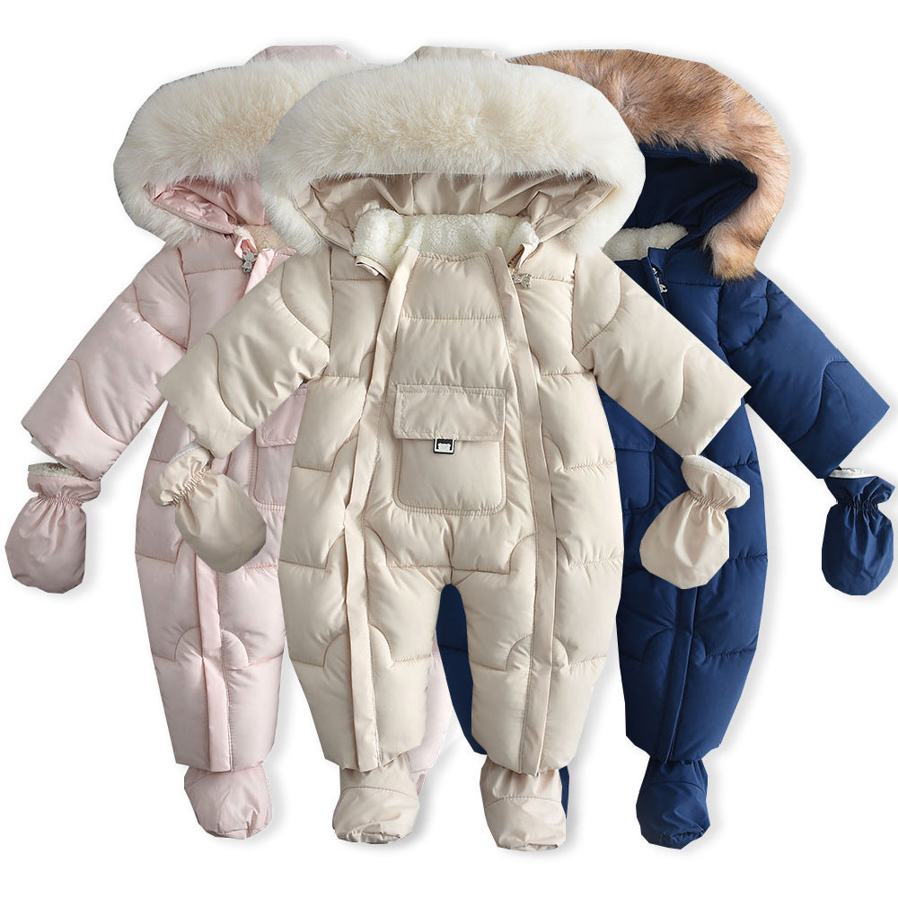 Winter Baby Hoodie Jumpsuit – Fur Collar & Large Pocket (European-American Style)