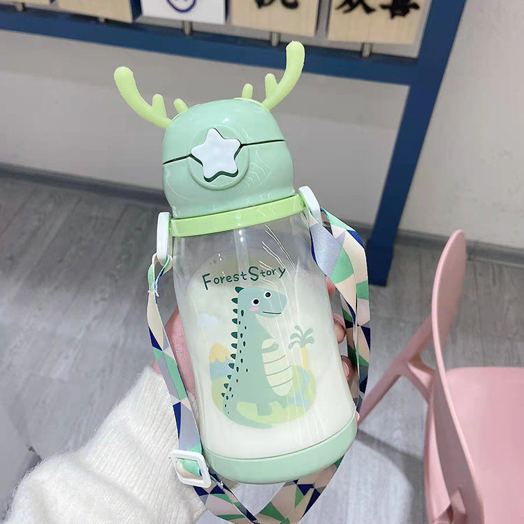 Cartoon Deer Antler Straw Cup – Large Capacity Water Bottle for Kids & Students