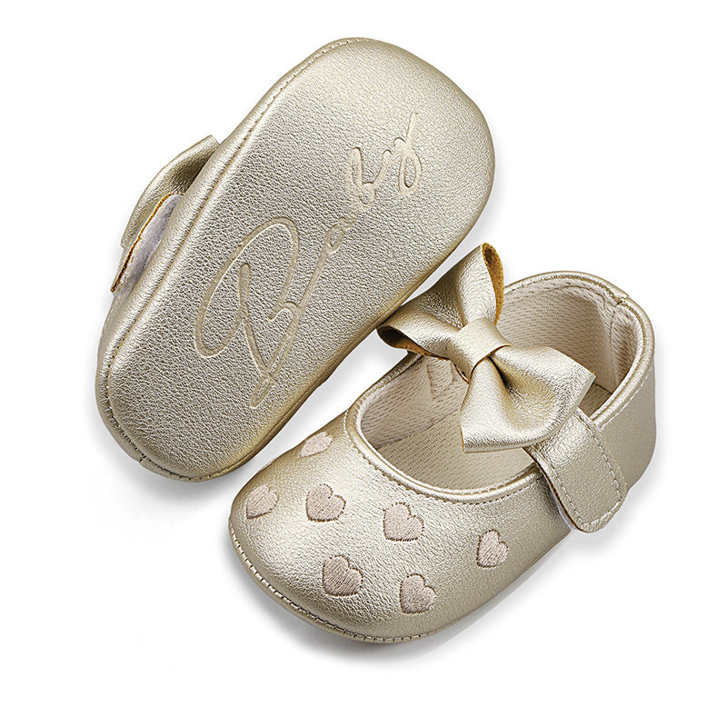 Embroidered Peach Heart Bow Baby Shoes (0–12 Months)