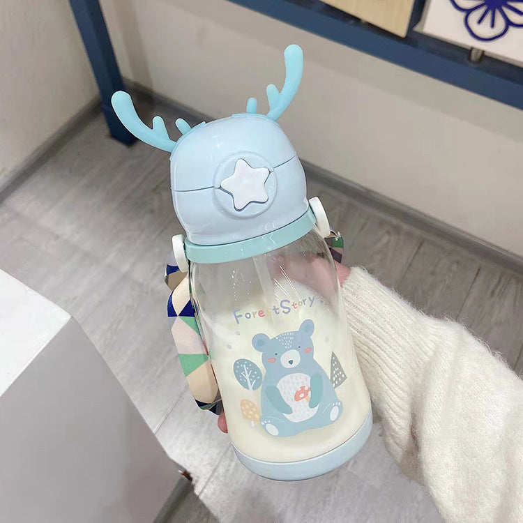 Cartoon Deer Antler Straw Cup – Large Capacity Water Bottle for Kids & Students