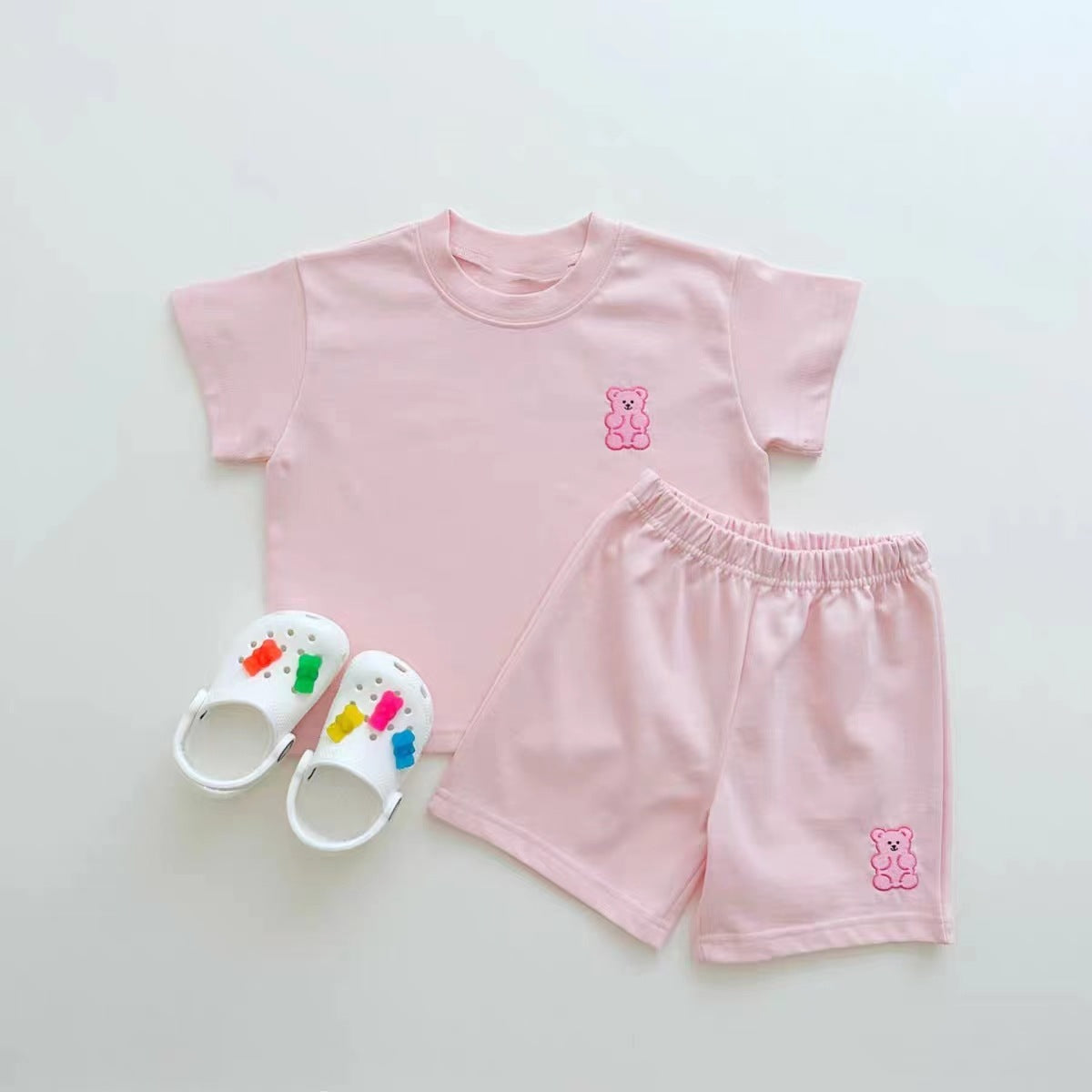 Teddy Bear Embroidered Summer Set – Korean Style Baby T-Shirt & Shorts (Unisex)