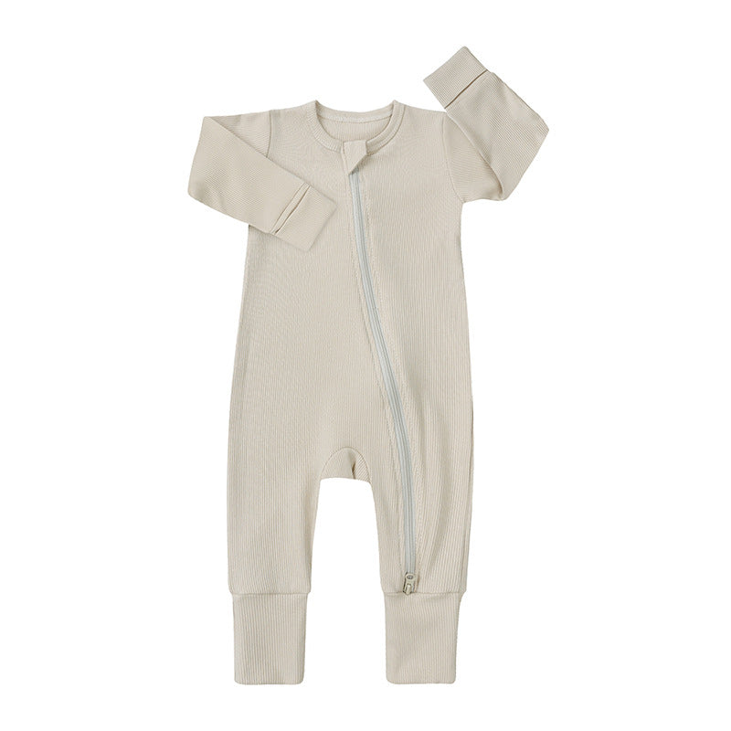 Bamboo Fiber Baby Onesie – Long Sleeve, Double Zipper, Fold-over Hands & Feet (All Seasons)