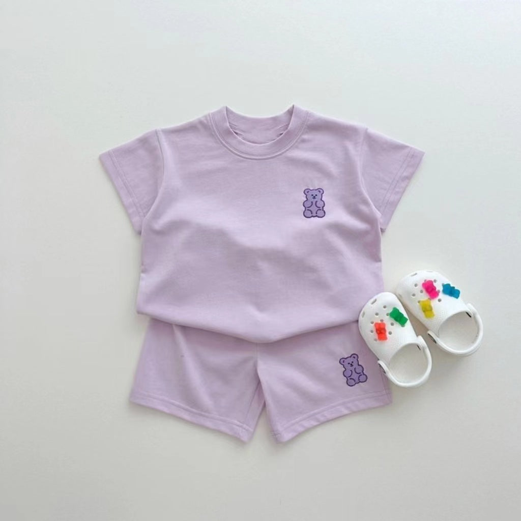 Teddy Bear Embroidered Summer Set – Korean Style Baby T-Shirt & Shorts (Unisex)