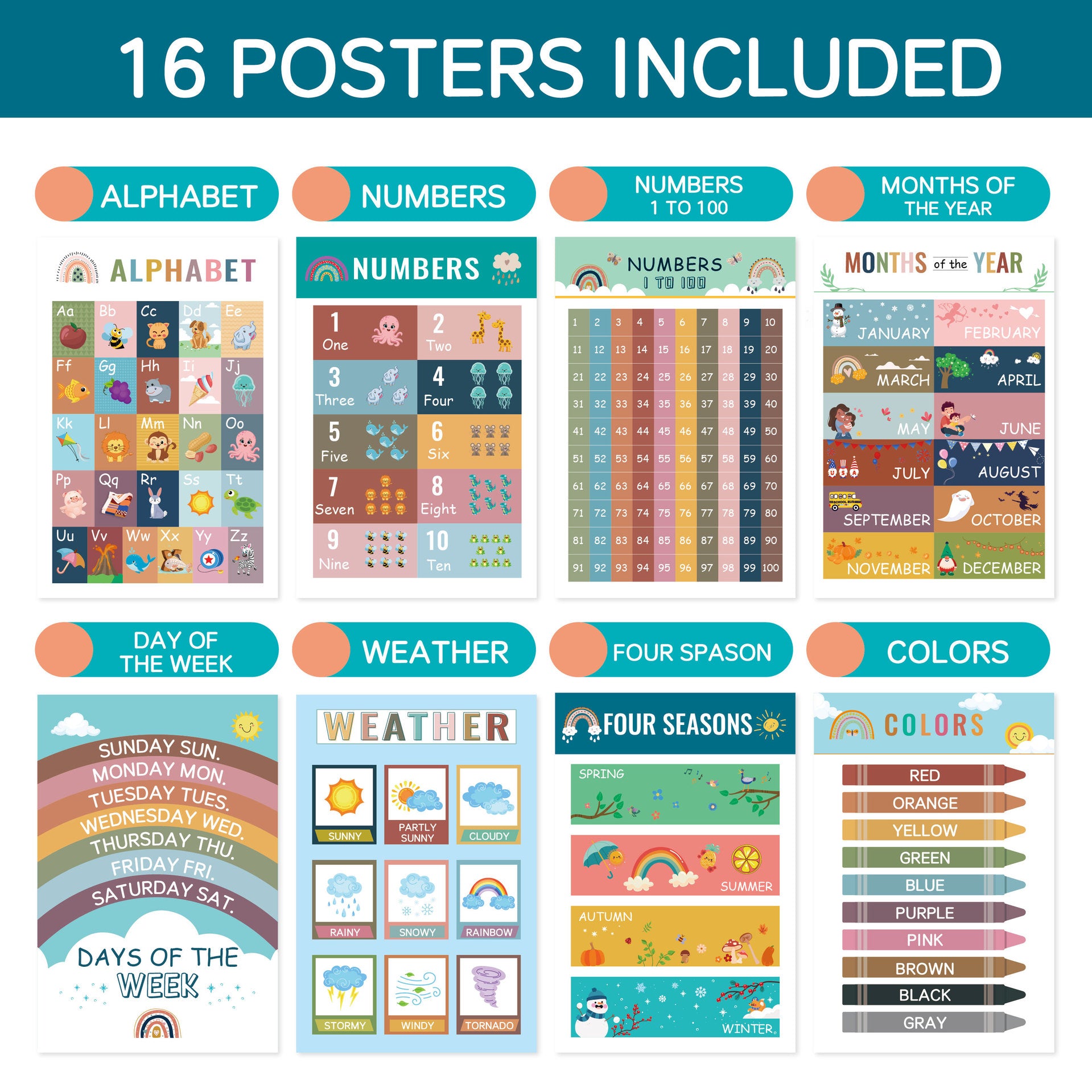 Boho Early Learning Wall Poster – English Alphabet, Numbers & Words with Stickers