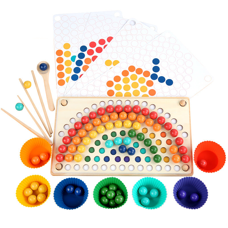 Montessori Wooden Peg Board & Beads Game – Rainbow Pompon Clip Puzzle for Toddlers