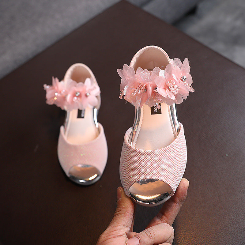 Girls’ Rhinestone Flower Sandals – Soft Sole Princess Shoes for Summer & Dance