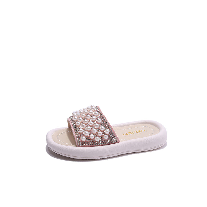 Girls’ Pearl Beaded Summer Sandals – Rhinestone Soft Sole Flats | Elegant Flip-Flops for Kids