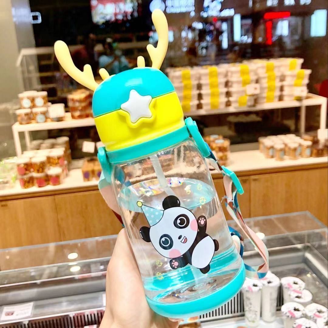 Cute Antler Water Bottle – Leak-Proof Straw Cup with Shoulder Strap