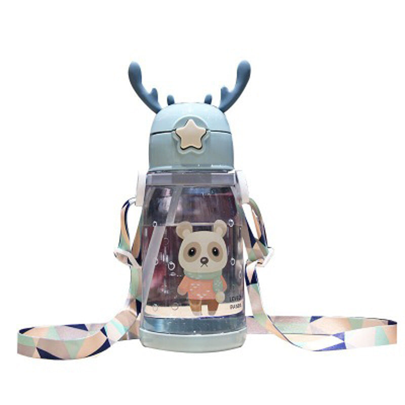 Cute Antler Water Bottle – Leak-Proof Straw Cup with Shoulder Strap