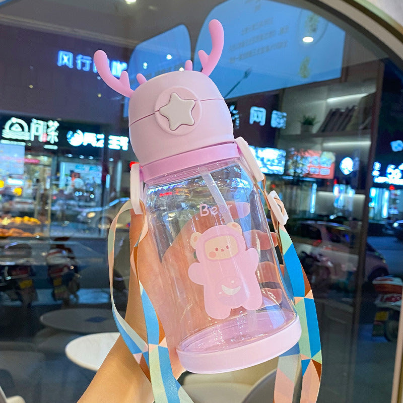 Cartoon Deer Antler Straw Cup – Large Capacity Water Bottle for Kids & Students