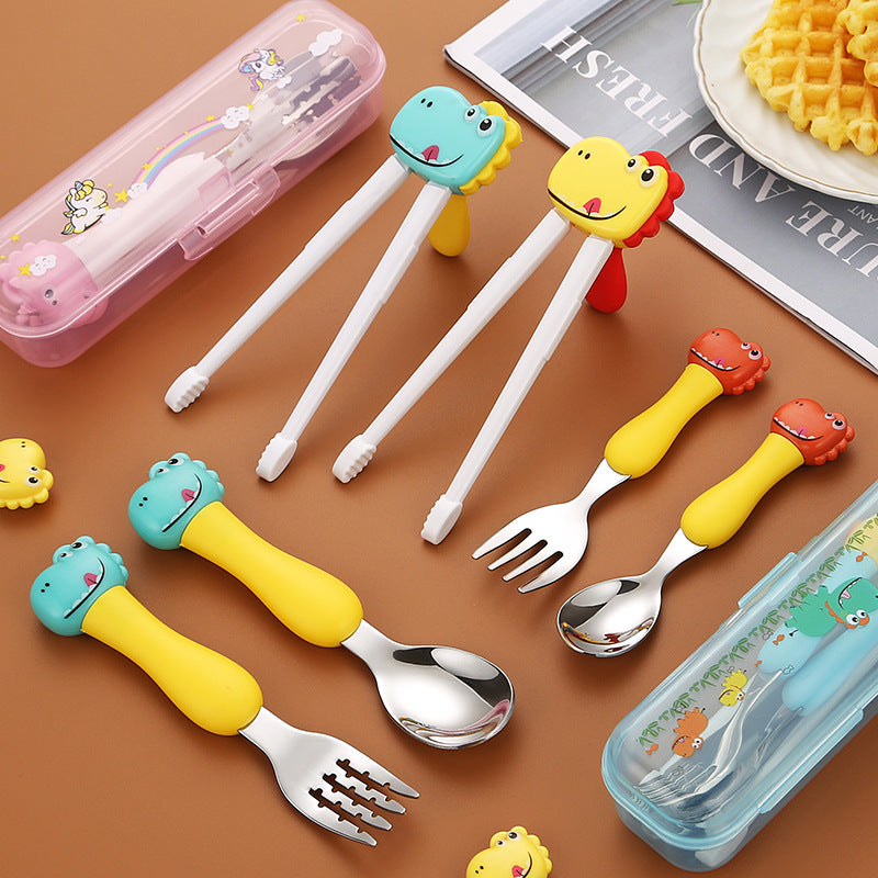Dinosaur Stainless Steel Kids Tableware Set – Spoon, Fork & Training Chopsticks
