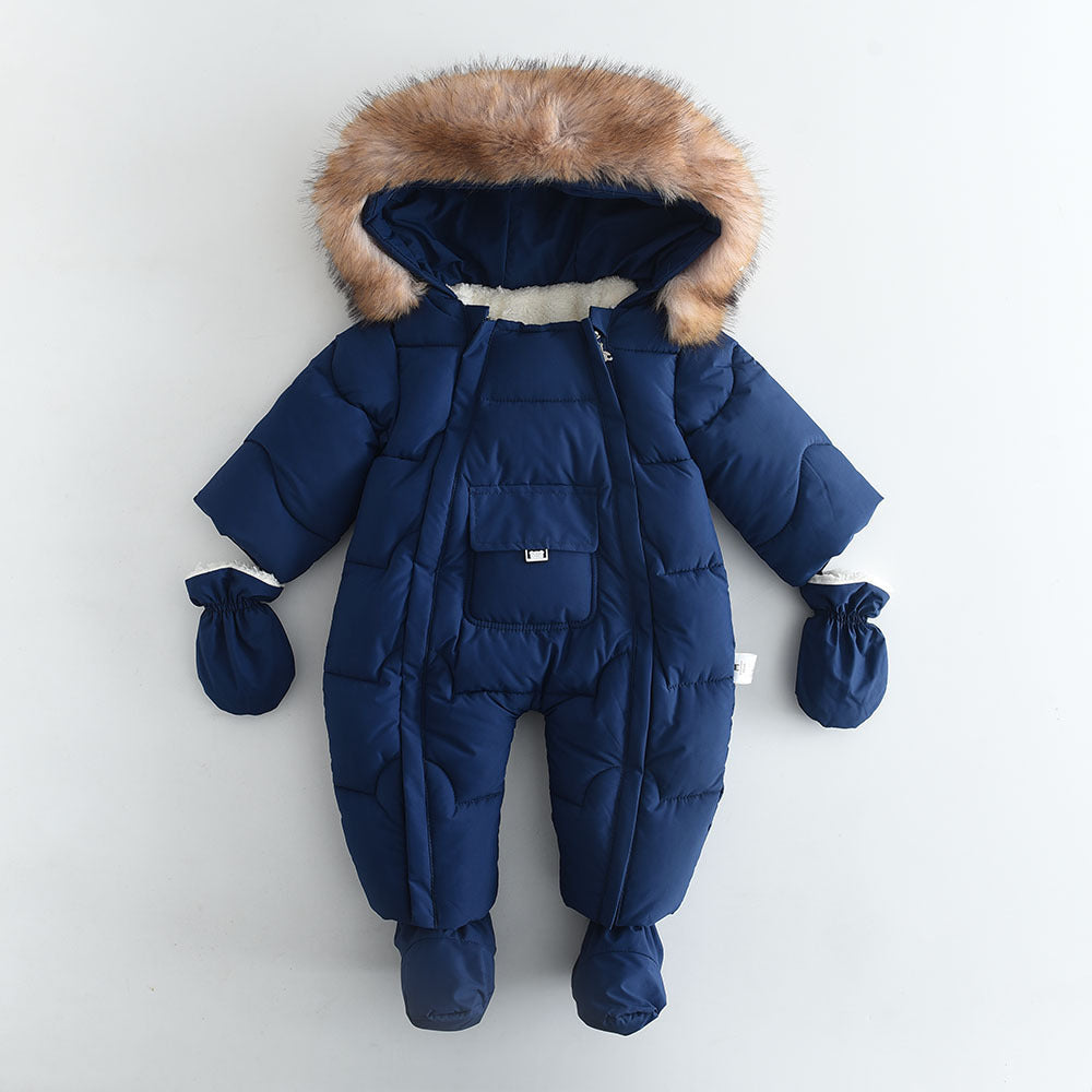 Winter Baby Hoodie Jumpsuit – Fur Collar & Large Pocket (European-American Style)