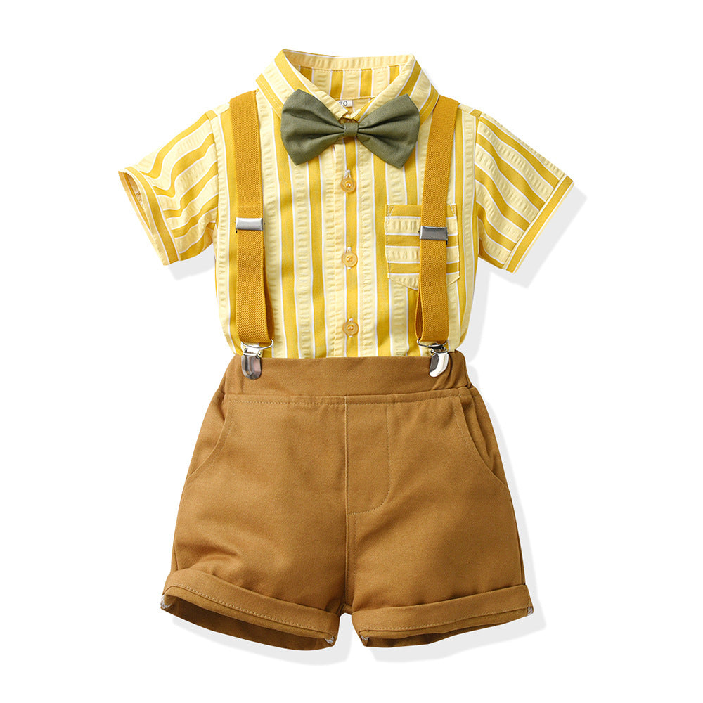 Korean Style Birthday Outfit – Boys’ Short Sleeve Shirt & Strap Pants Summer Set
