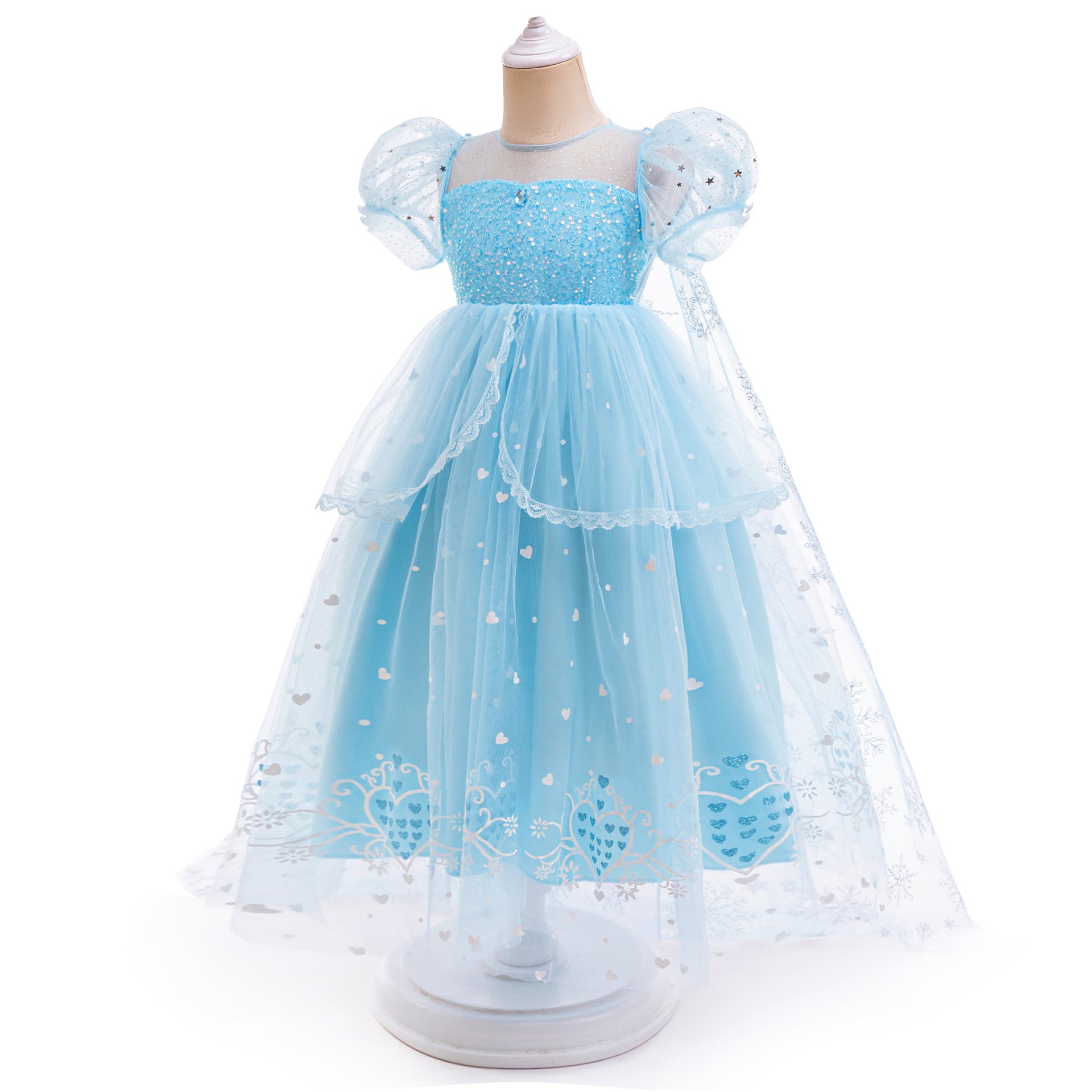 Elsa Princess Dress – Sparkling Frozen Cosplay Gown with Sleeves and Flowing Cape
