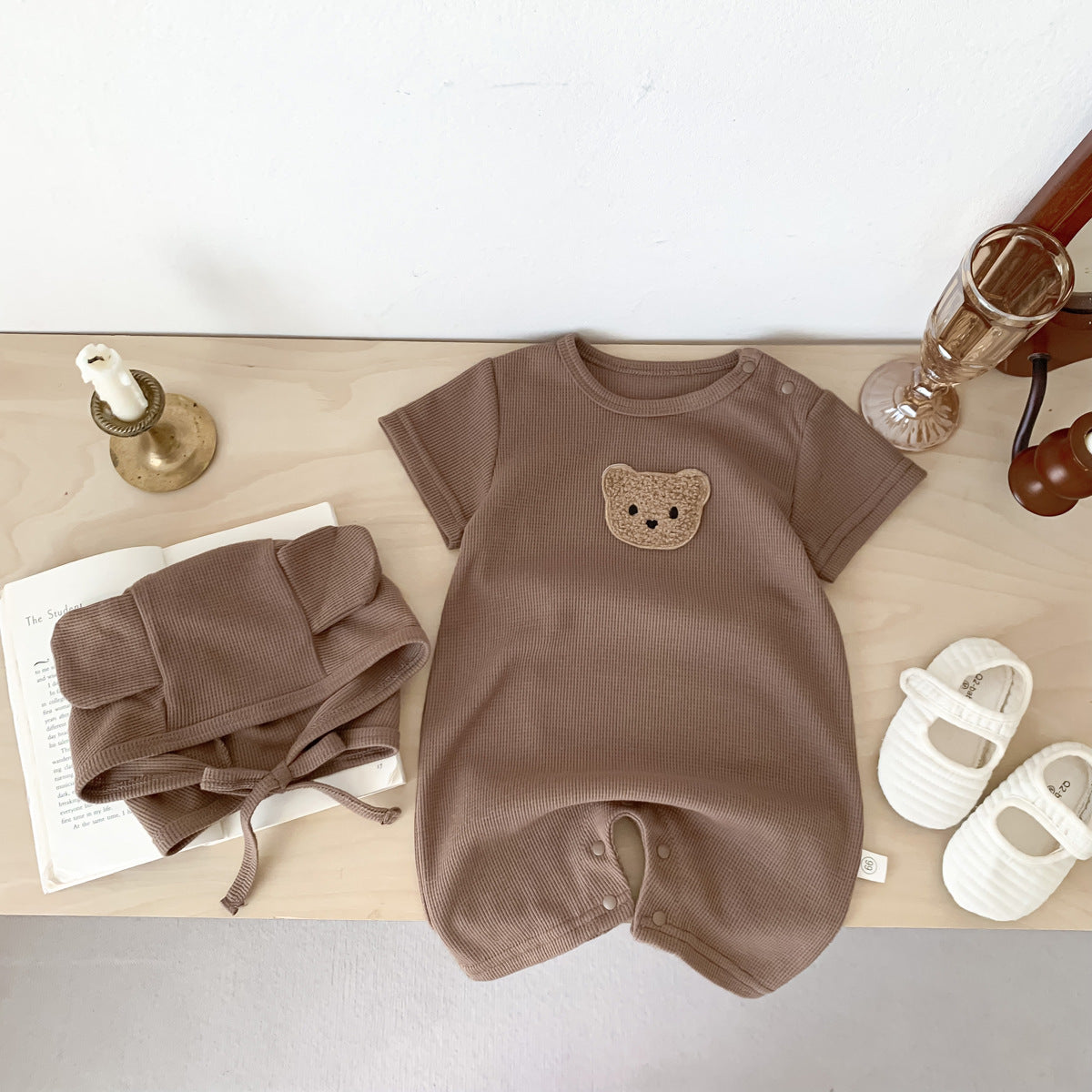 Summer Waffle Baby Romper with Bear Patch – Short Sleeve Cotton Jumpsuit & Ear Hat for Newborns